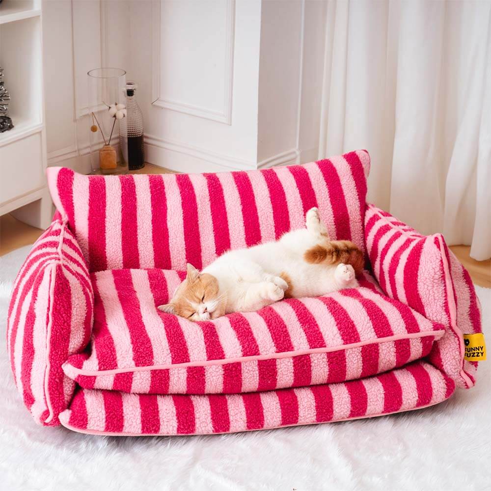 Canapé-lit double couche en fausse laine d'agneau à rayures pour chat tendance