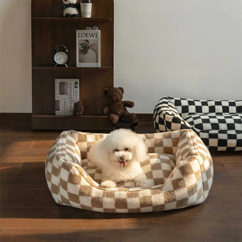 Canapé-lit pour chien amovible lavable en tissu damier élégant et chaleureux