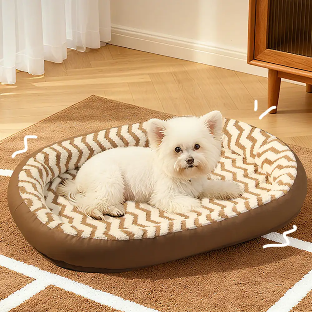 Coussin pour chien en faux cuir avec motif de vagues géométriques, chauffant, amovible et lavable - Image 10