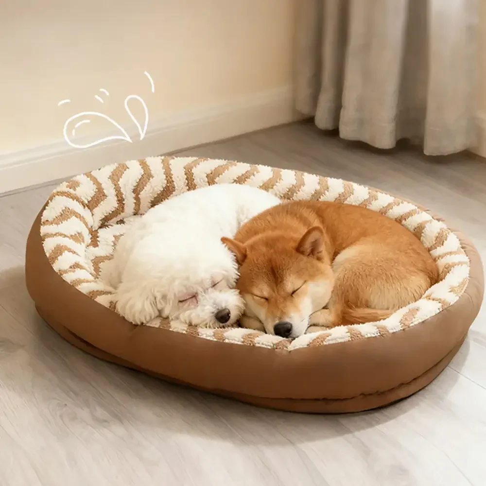 Coussin pour chien en faux cuir avec motif de vagues géométriques, chauffant, amovible et lavable - Image 3