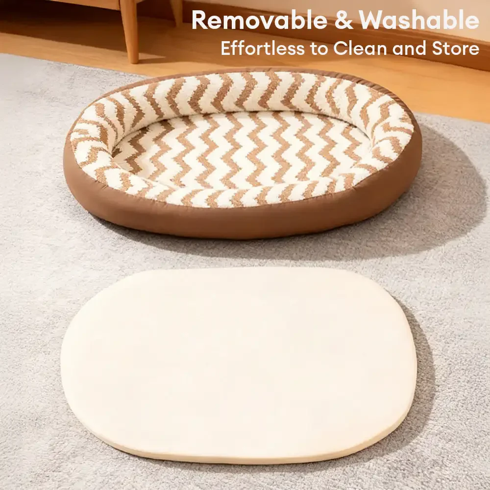 Coussin pour chien en faux cuir avec motif de vagues géométriques, chauffant, amovible et lavable - Image 4