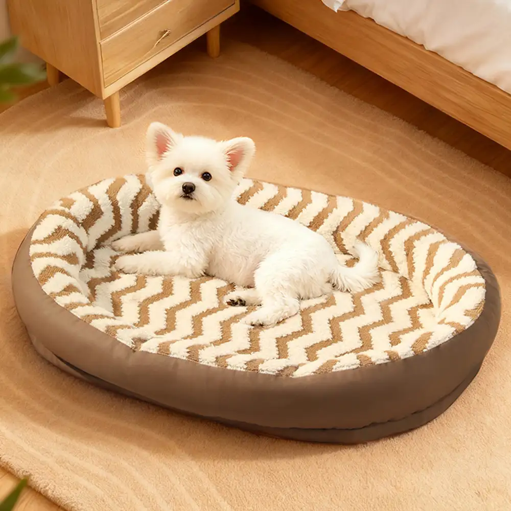 Coussin pour chien en faux cuir avec motif de vagues géométriques, chauffant, amovible et lavable - Image 7