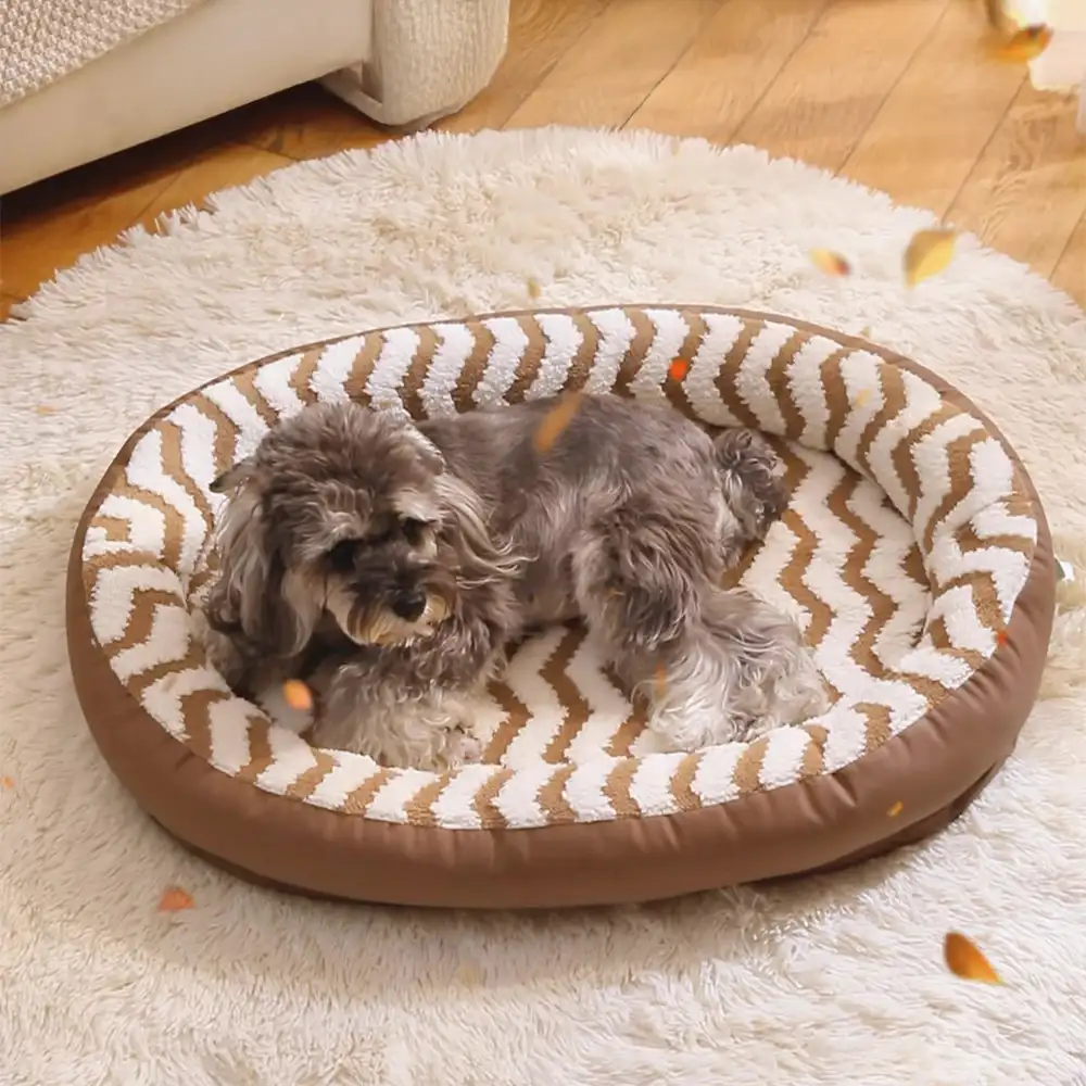 Coussin pour chien en faux cuir avec motif de vagues géométriques, chauffant, amovible et lavable - Image 8