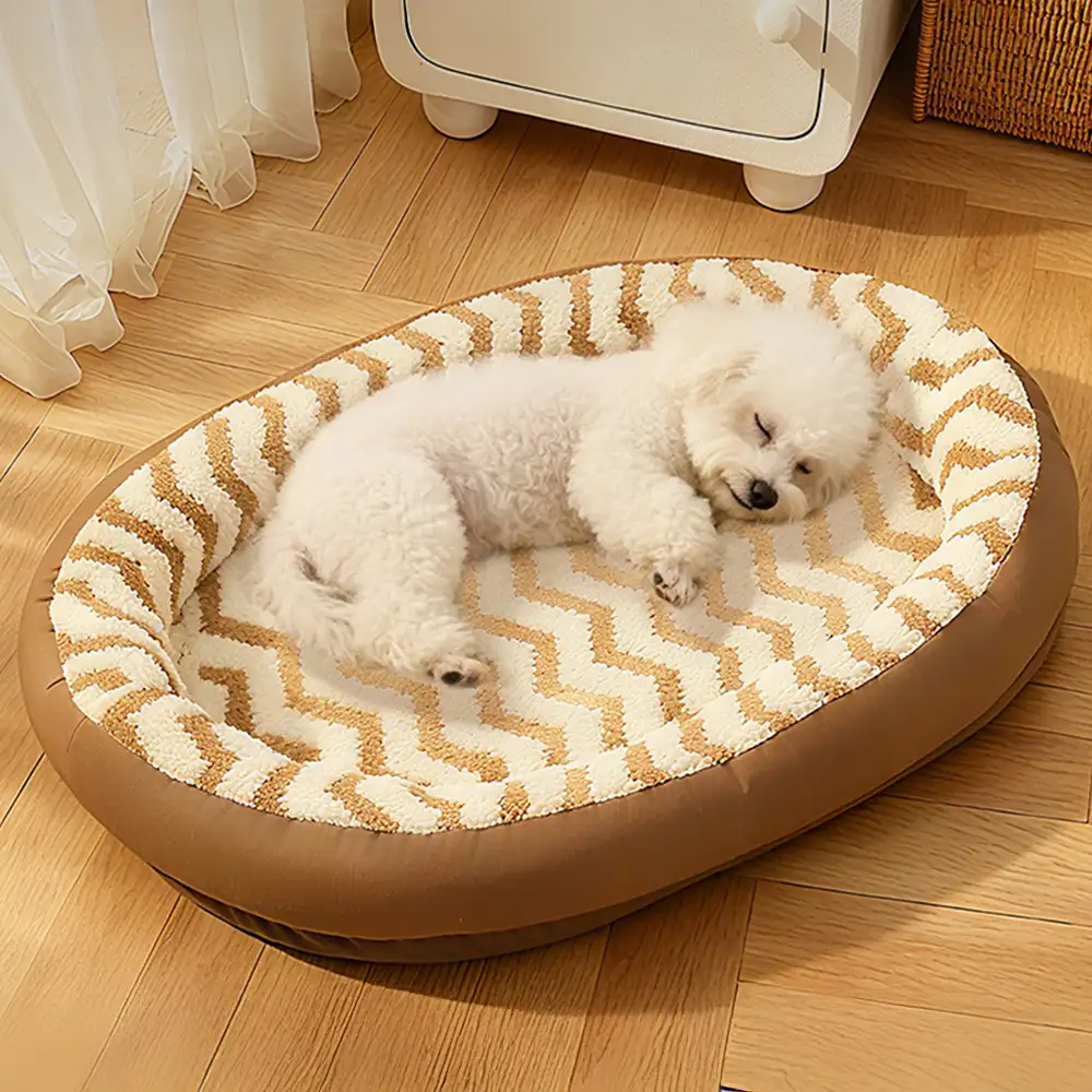 Coussin pour chien en faux cuir avec motif de vagues géométriques, chauffant, amovible et lavable - Image 9
