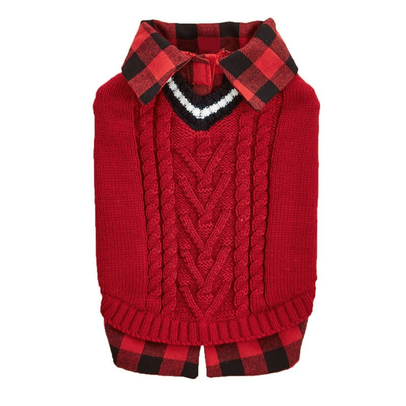 Gilet tricoté torsadé pour chien avec col à carreaux idéal pour l'automne et l'hiver - Image 10