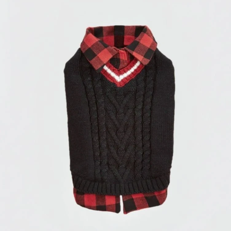 Gilet tricoté torsadé pour chien avec col à carreaux idéal pour l'automne et l'hiver - Image 13