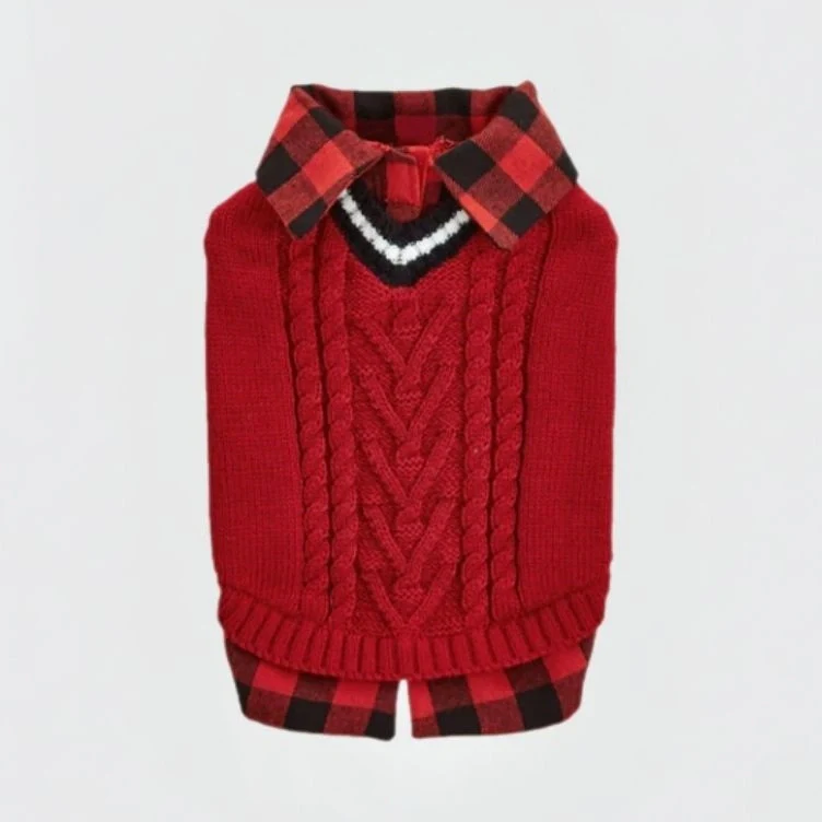 Gilet tricoté torsadé pour chien avec col à carreaux idéal pour l'automne et l'hiver - Image 14