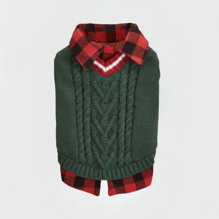 Gilet tricoté torsadé pour chien avec col à carreaux idéal pour l'automne et l'hiver - Image 15