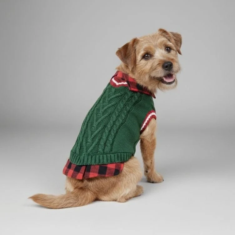 Gilet tricoté torsadé pour chien avec col à carreaux idéal pour l'automne et l'hiver - Image 3