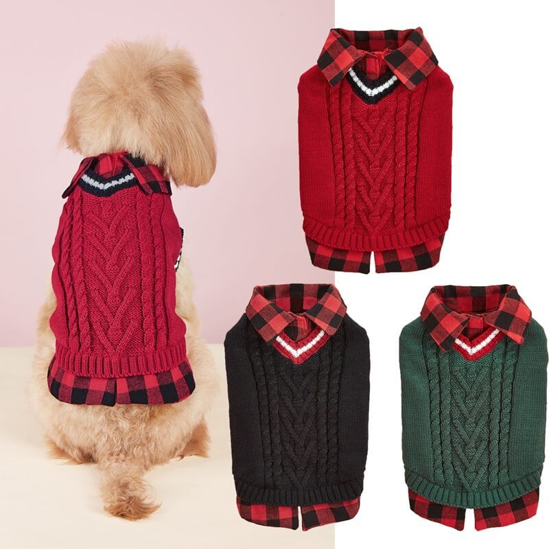 Gilet tricoté torsadé pour chien avec col à carreaux idéal pour l'automne et l'hiver - Image 4