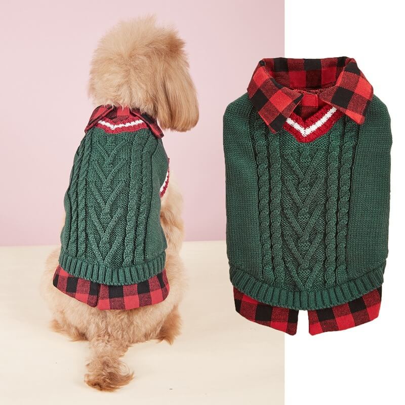 Gilet tricoté torsadé pour chien avec col à carreaux idéal pour l'automne et l'hiver - Image 5