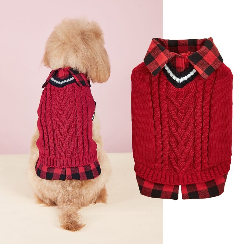 Gilet tricoté torsadé pour chien avec col à carreaux idéal pour l'automne et l'hiver - Image 6