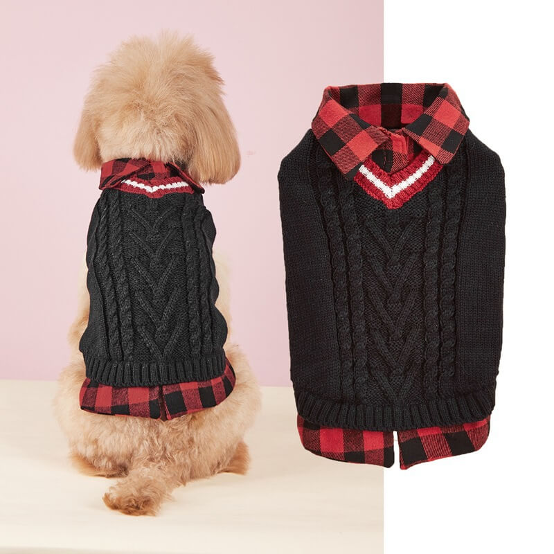 Gilet tricoté torsadé pour chien avec col à carreaux idéal pour l'automne et l'hiver - Image 7