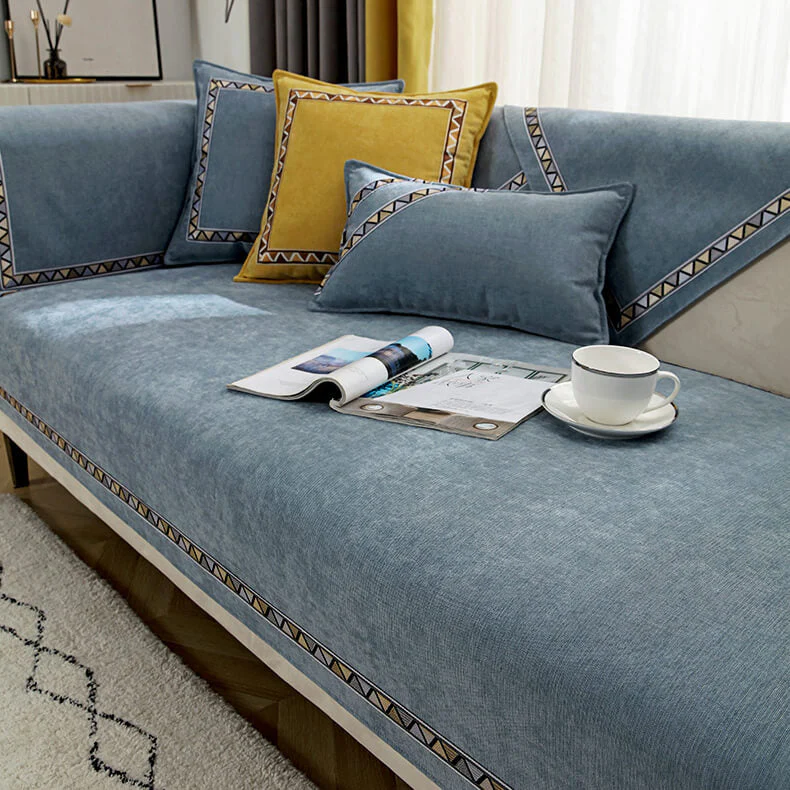 Housse de canapé antidérapante en chenille de couleur unie à décor géométrique - Image 11