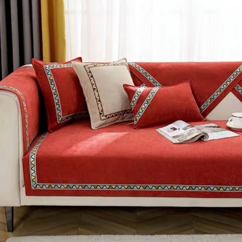 Housse de canapé antidérapante en chenille de couleur unie à décor géométrique - Image 3