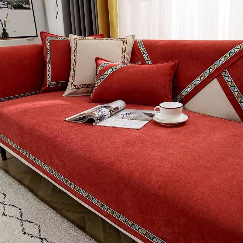 Housse de canapé antidérapante en chenille de couleur unie à décor géométrique - Image 8