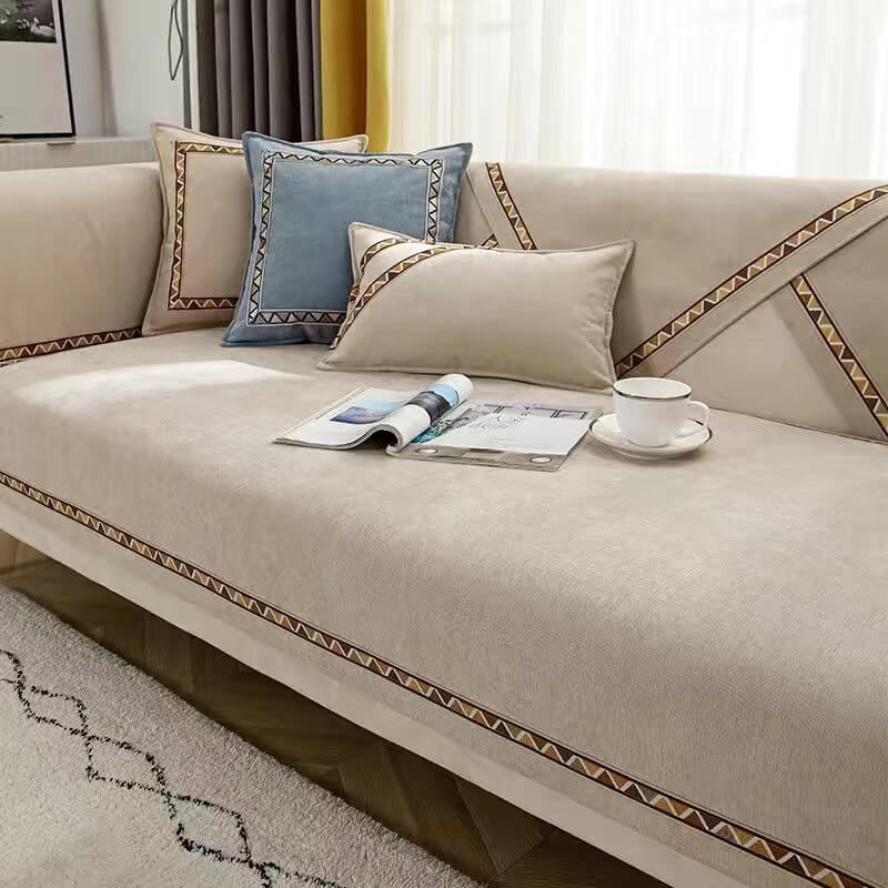 Housse de canapé antidérapante en chenille de couleur unie à décor géométrique - Image 9