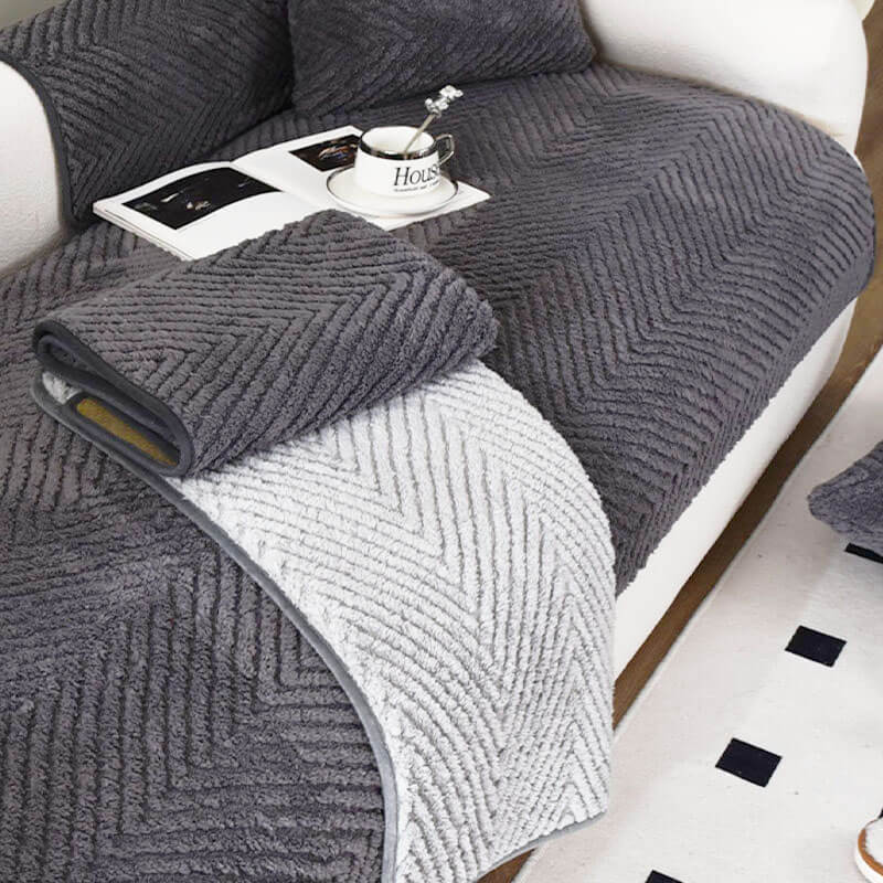 Housse de canapé antidérapante et épaissie en peluche à chevrons - Image 6