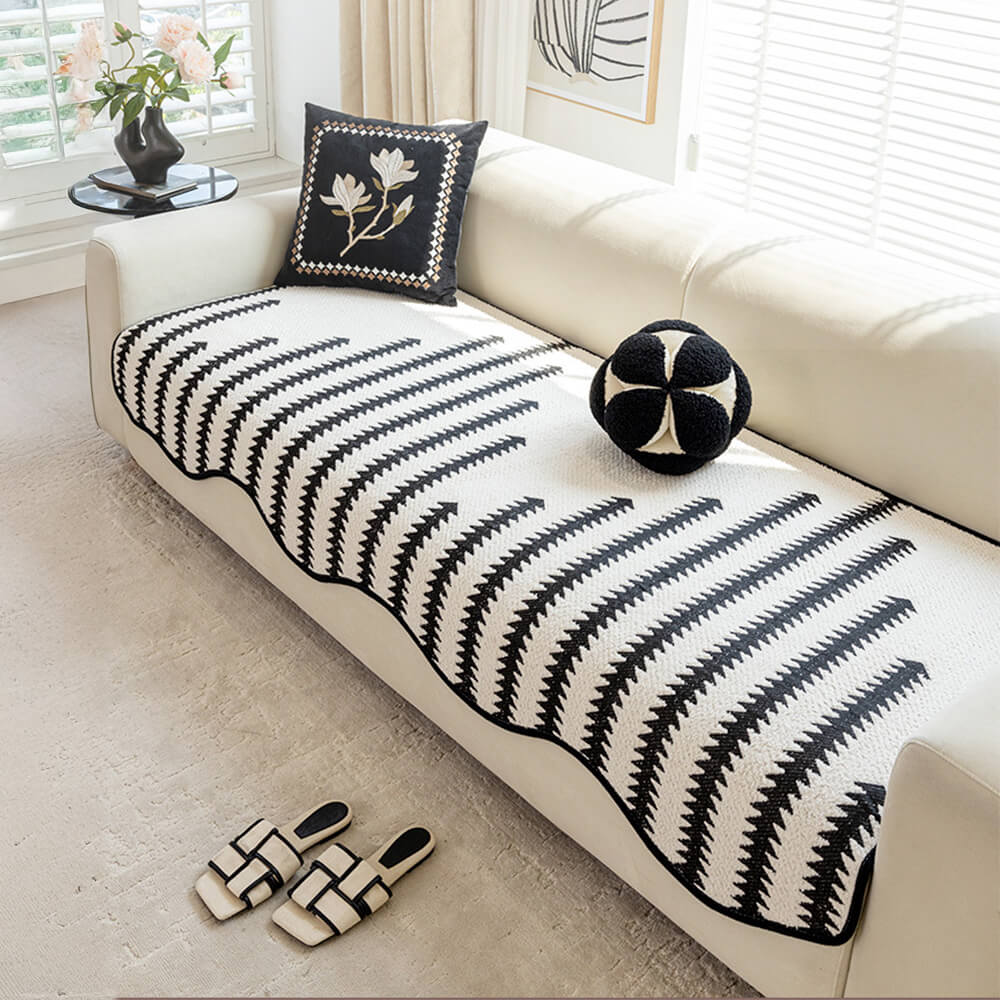 Housse de canapé en chenille à rayures chevron modernes et bords ondulés - Image 13