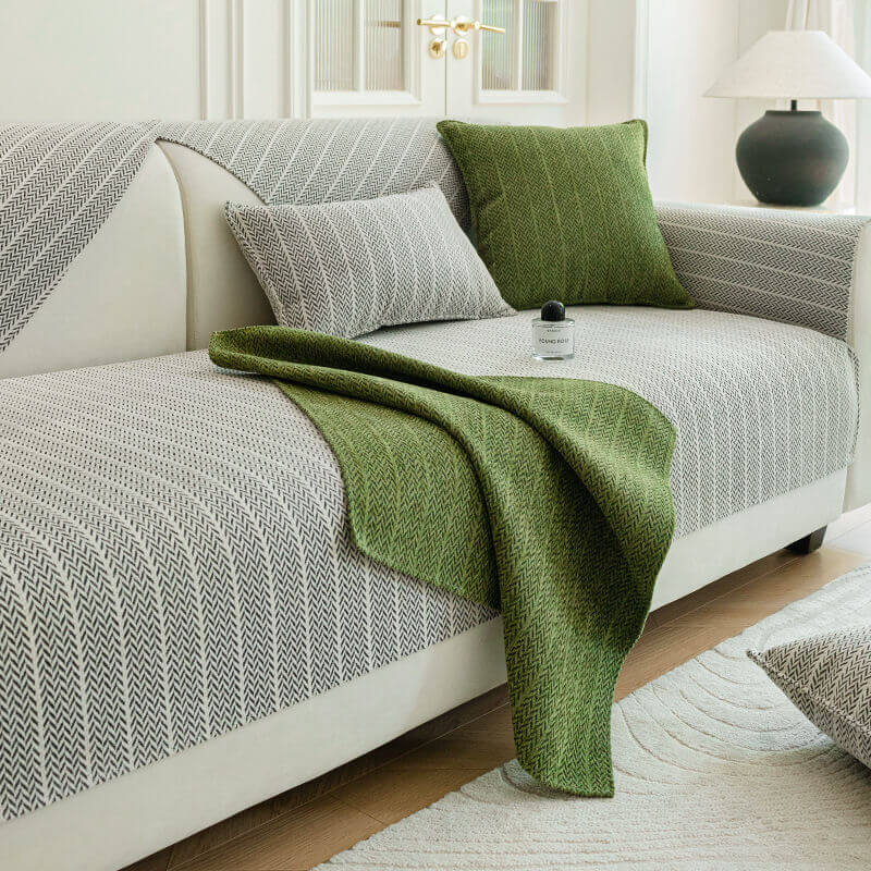 Housse de canapé en chenille anti-griffes à chevrons de couleur unie - Image 11