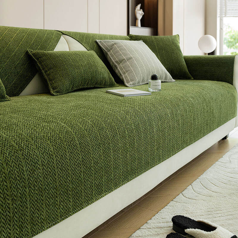 Housse de canapé en chenille anti-griffes à chevrons de couleur unie - Image 9