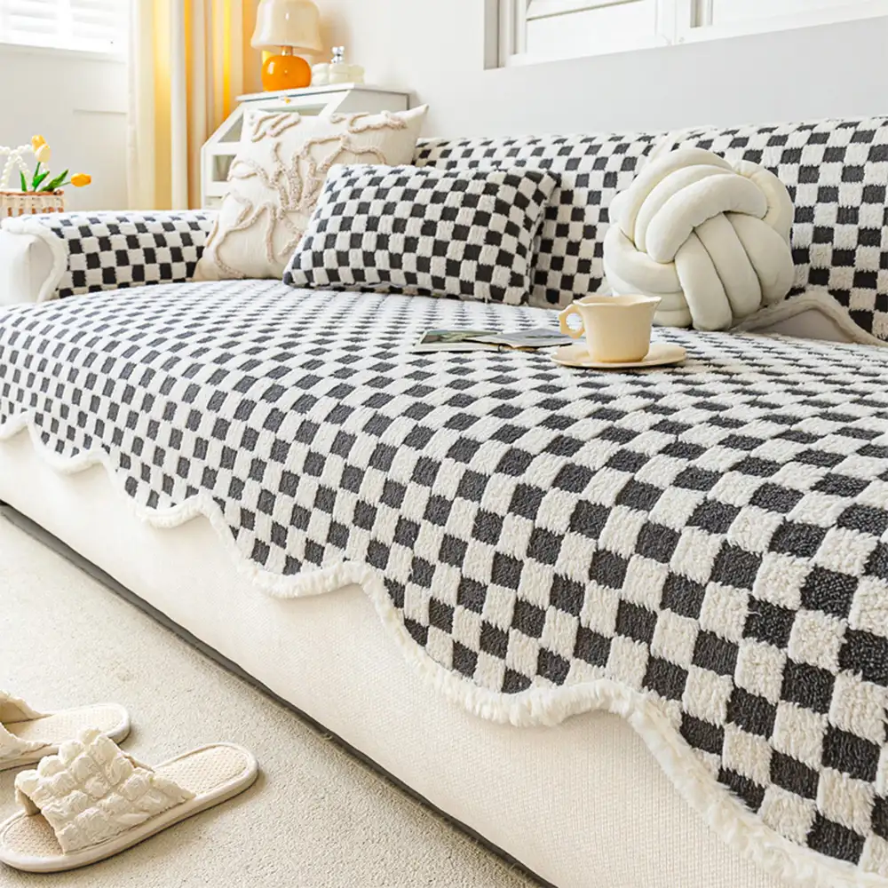 Housse de canapé en peluche à damier classique, confortable, résistante aux rayures et antidérapante. - Image 12