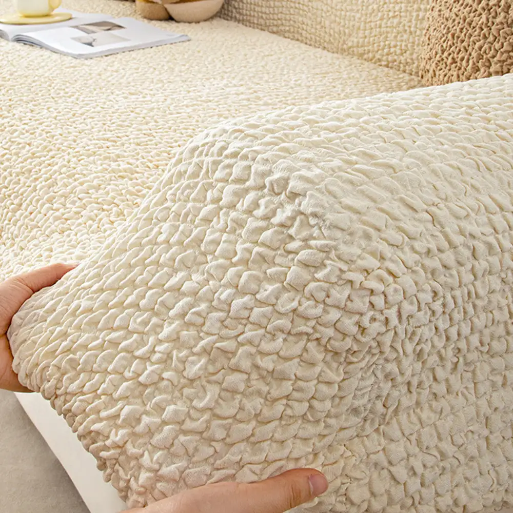Housse de canapé extensible magique en seersucker et respirant, style crème, à couverture complète. - Image 6