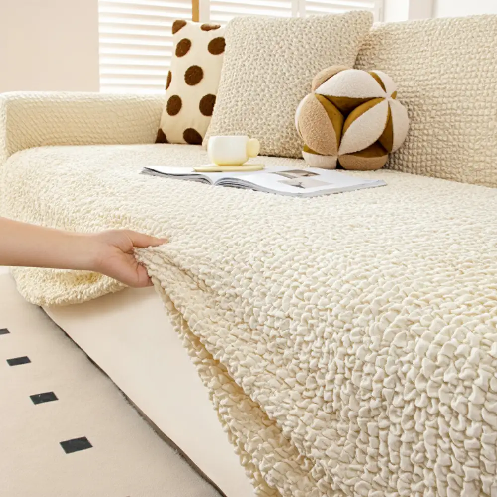 Housse de canapé extensible magique en seersucker et respirant, style crème, à couverture complète. - Image 11