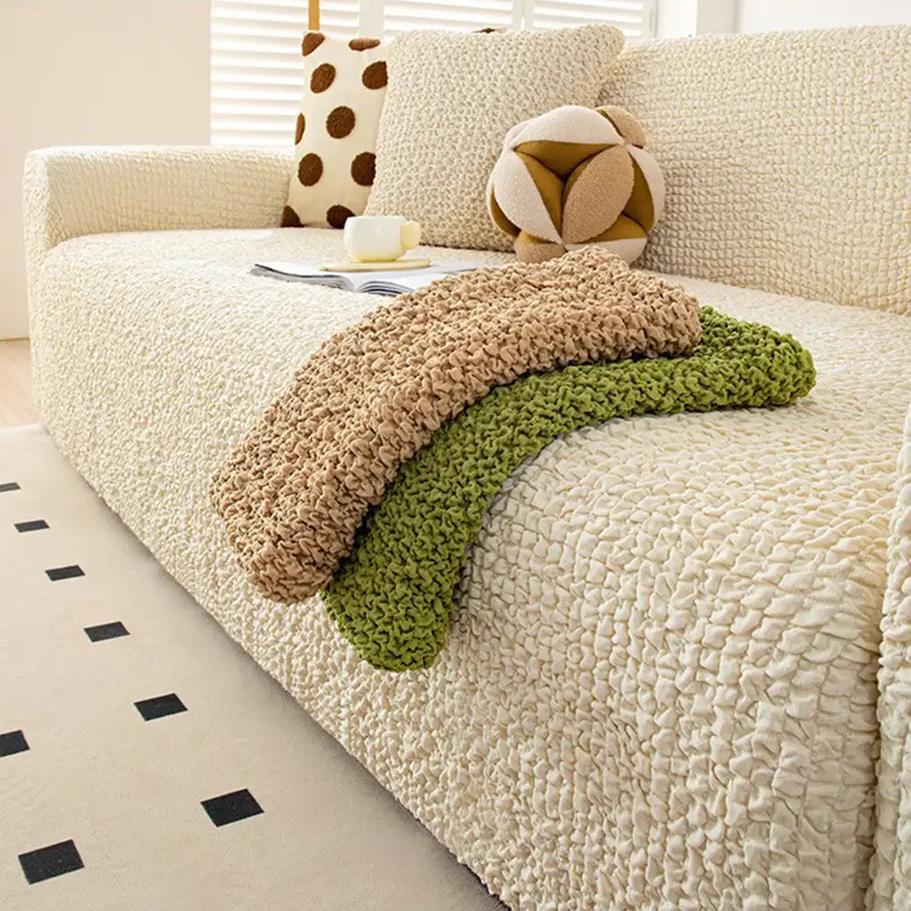 Housse de canapé extensible magique en seersucker et respirant, style crème, à couverture complète. - Image 12