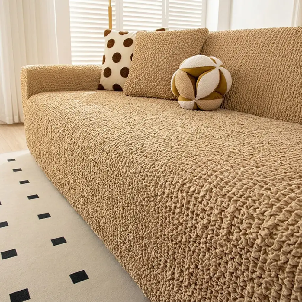 Housse de canapé extensible magique en seersucker et respirant, style crème, à couverture complète. - Image 3