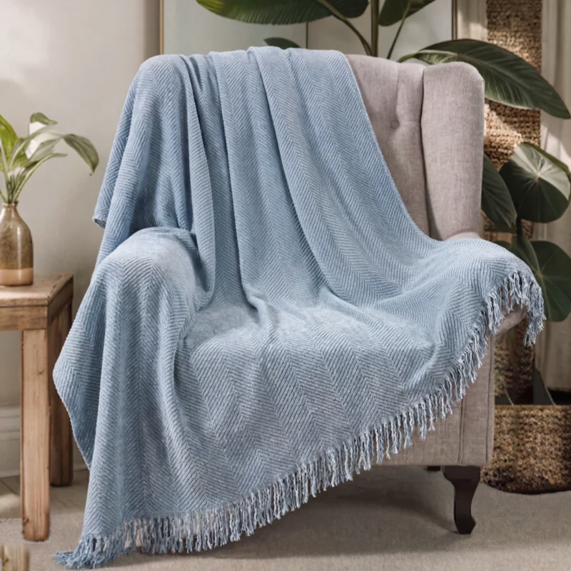 Housse de fauteuil plaid pour canapé en chenille à chevrons et glands - Image 4