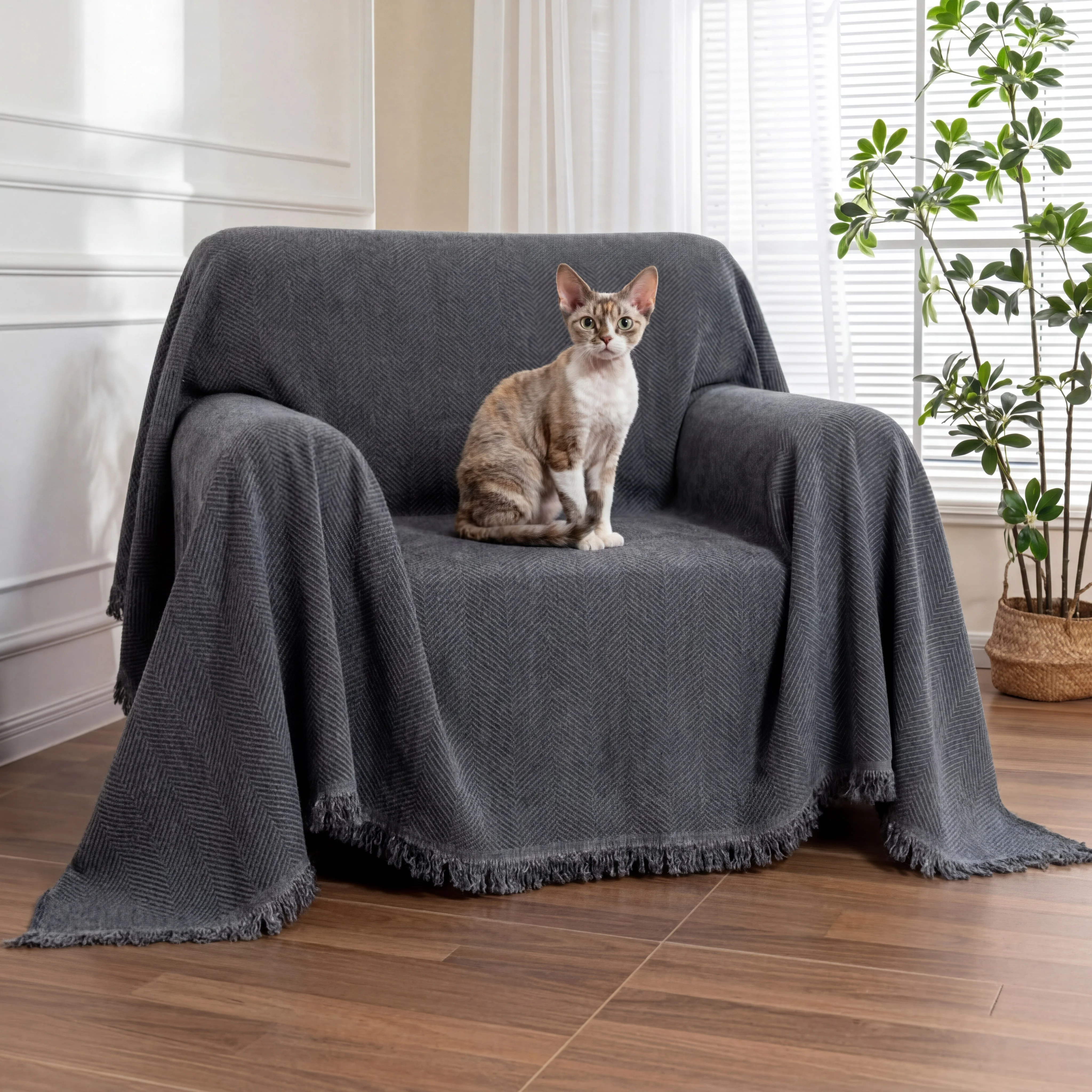 Housse de fauteuil plaid pour canapé en chenille à chevrons et glands - Image 5