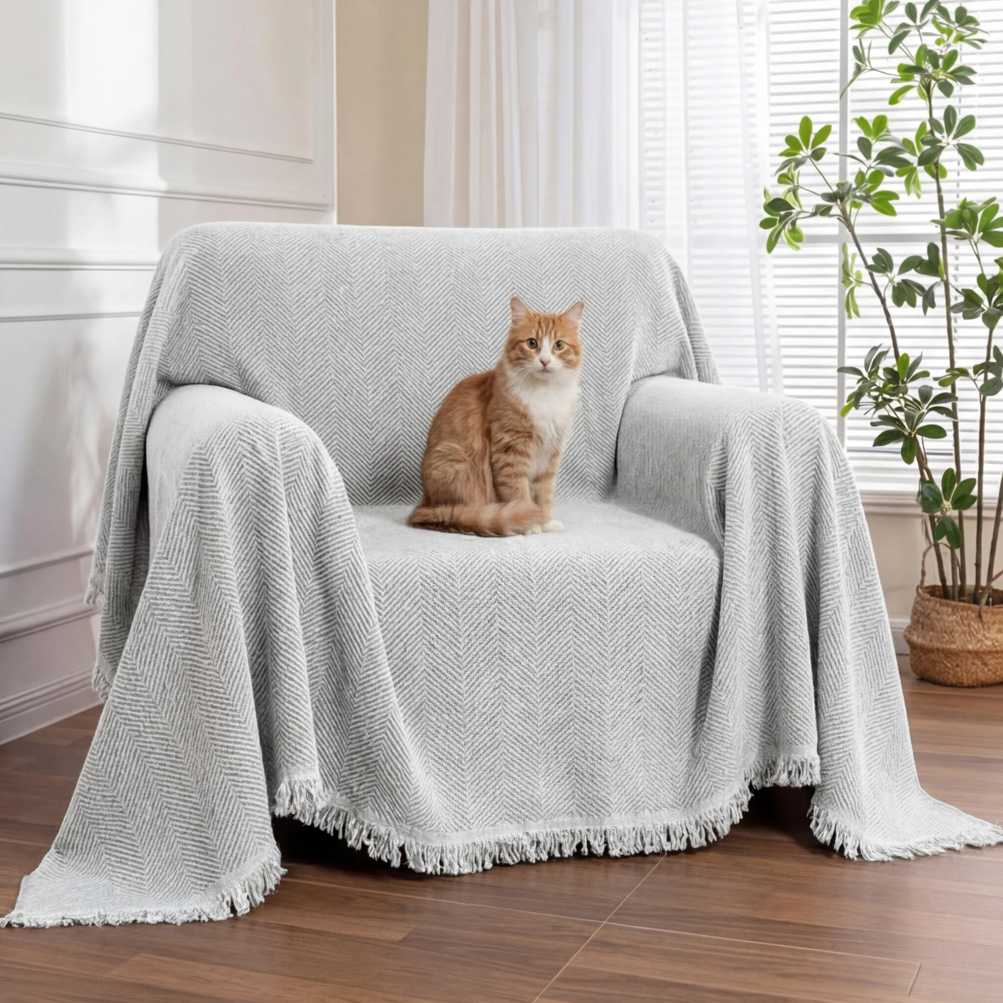 Housse de fauteuil plaid pour canapé en chenille à chevrons et glands - Image 7