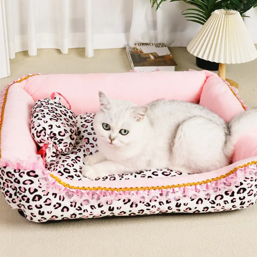 Lit pour animal de compagnie princesse en imprimé léopard rose, amovible et lavable, toutes saisons. - Image 6