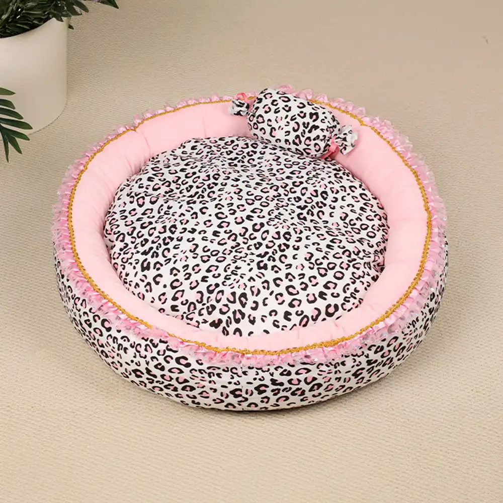 Lit pour animal de compagnie princesse en imprimé léopard rose, amovible et lavable, toutes saisons. - Image 8