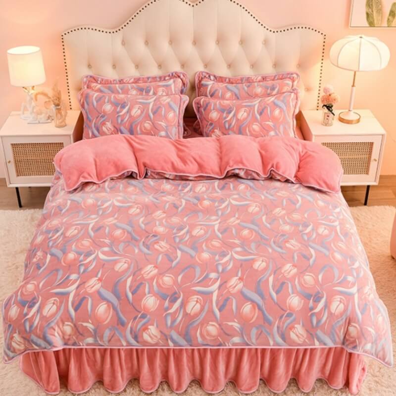 Parure de lit en velours doux motif feuilles modernes avec jupe de lit - Image 10