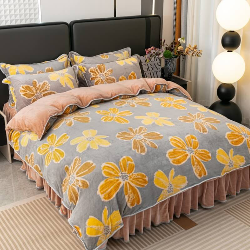 Parure de lit en velours doux motif feuilles modernes avec jupe de lit - Image 7
