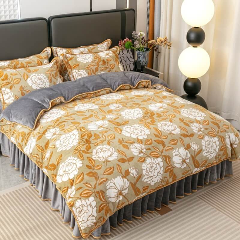 Parure de lit en velours doux motif feuilles modernes avec jupe de lit - Image 8