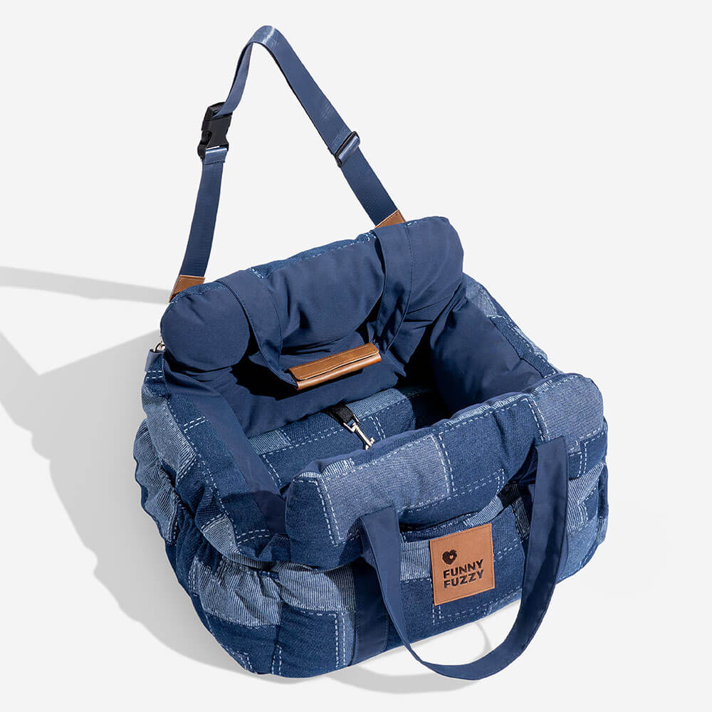 Siège de voiture pour chien en denim vintage et patchwork - Image 12