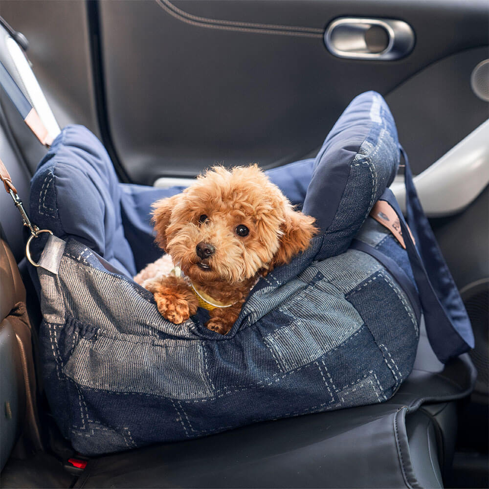 Siège de voiture pour chien en denim vintage et patchwork - Image 3