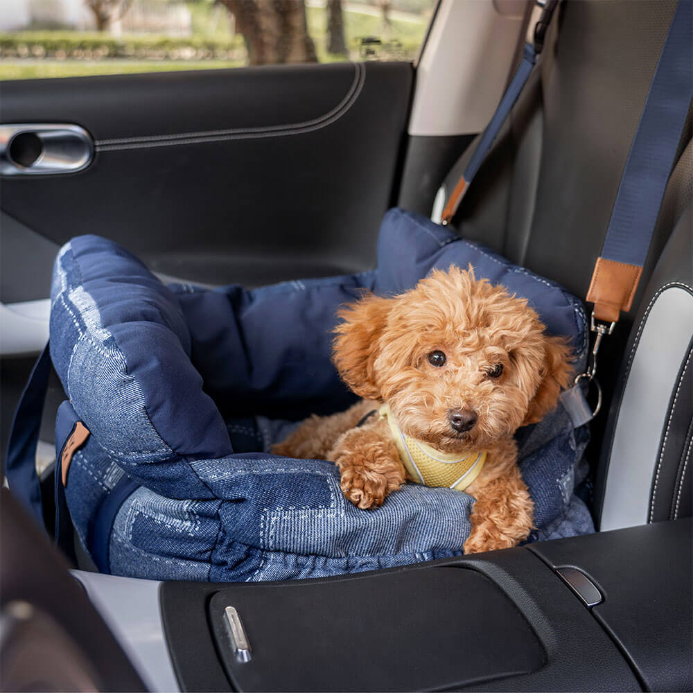Siège de voiture pour chien en denim vintage et patchwork - Image 4