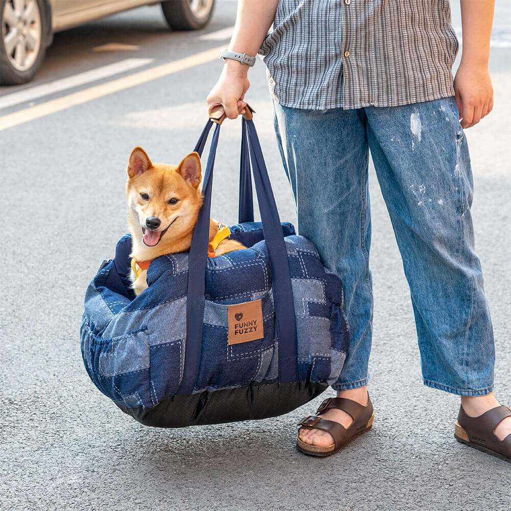 Siège de voiture pour chien en denim vintage et patchwork - Image 5