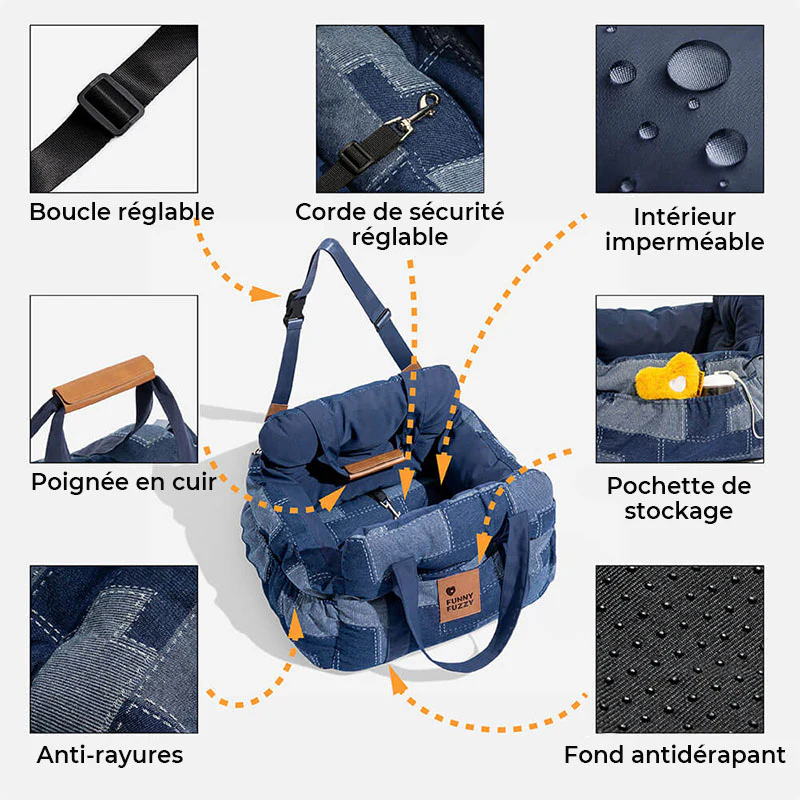 Siège de voiture pour chien en denim vintage et patchwork - Image 6