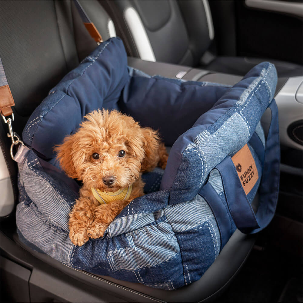 Siège de voiture pour chien en denim vintage et patchwork - Image 9