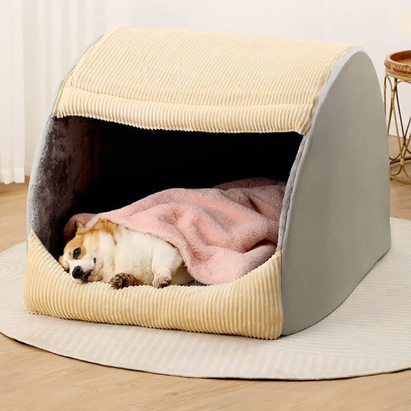 Tente semi-fermée pour chien en flanelle chaude et amovible - Image 3